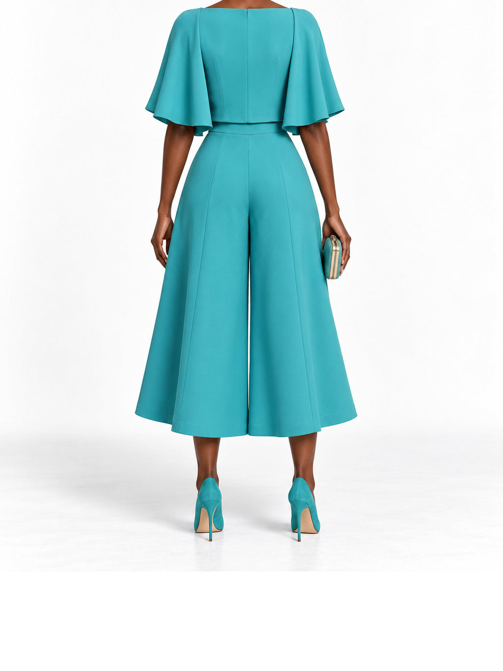 Teal Cape Sleeve Wide Leg Jumpsuit