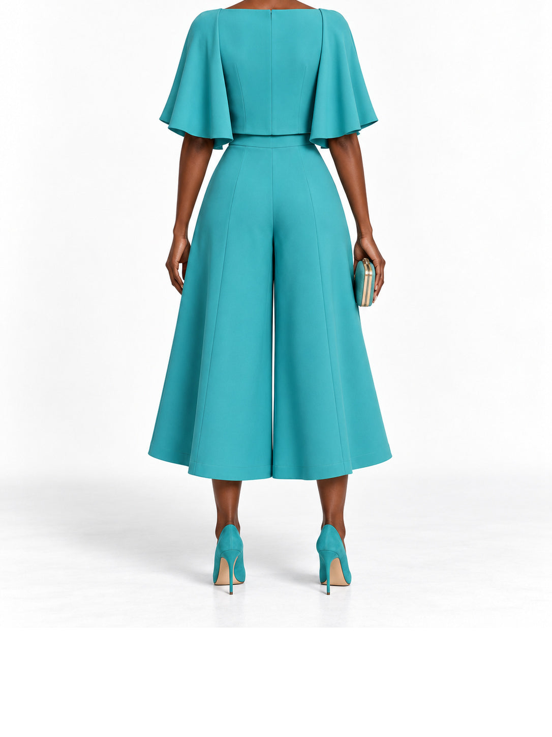 Teal Cape Sleeve Wide Leg Jumpsuit