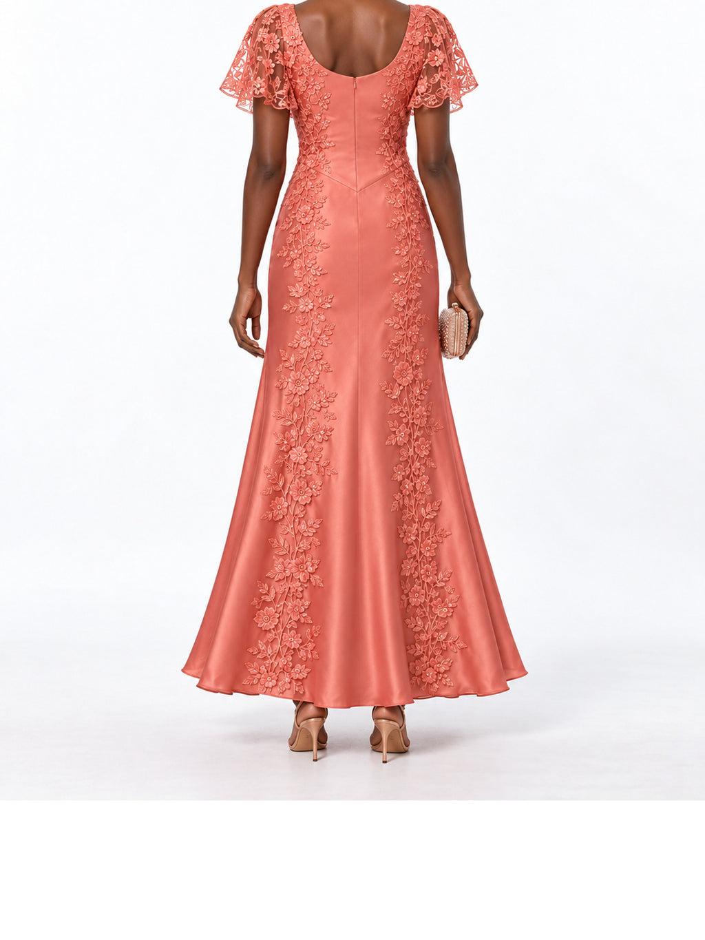 Coral Satin Lace Applique Flutter Sleeve Maxi Dress