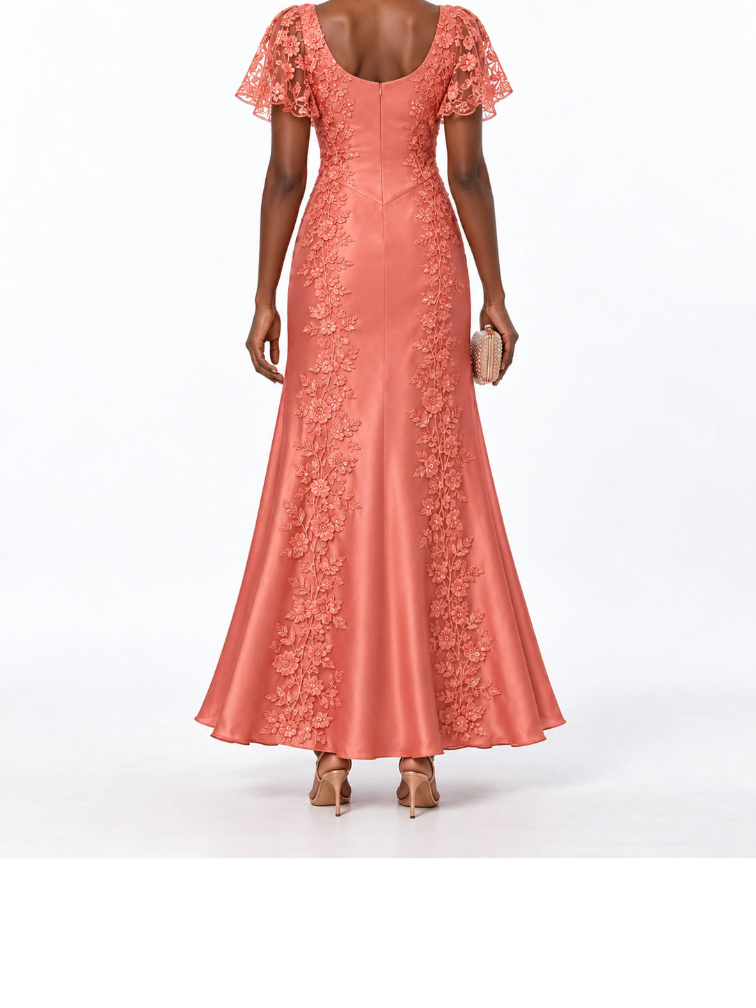 Coral Satin Lace Applique Flutter Sleeve Maxi Dress