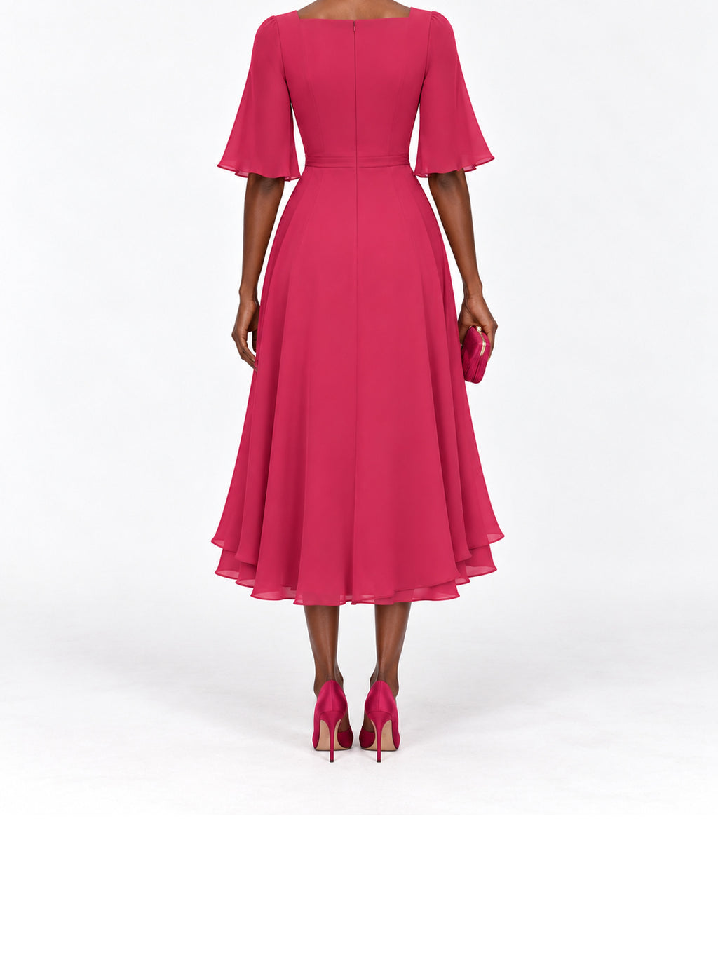 Pink Flutter Sleeve Fit and Flare Midi Dress