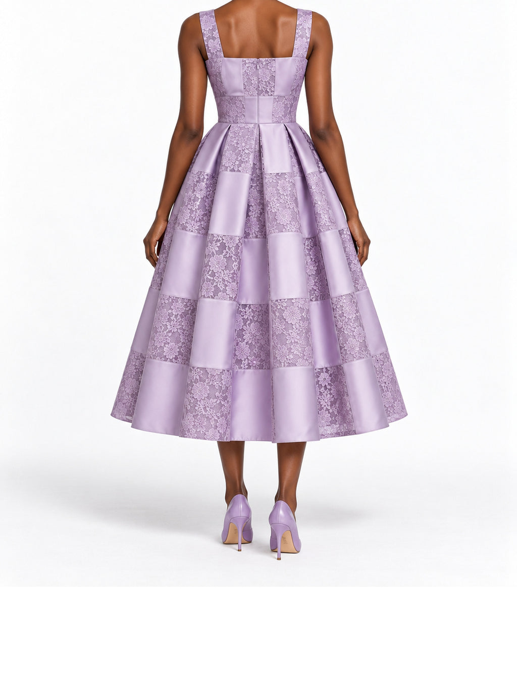 Lilac Satin Lace Patchwork Sleeveless Midi Dress