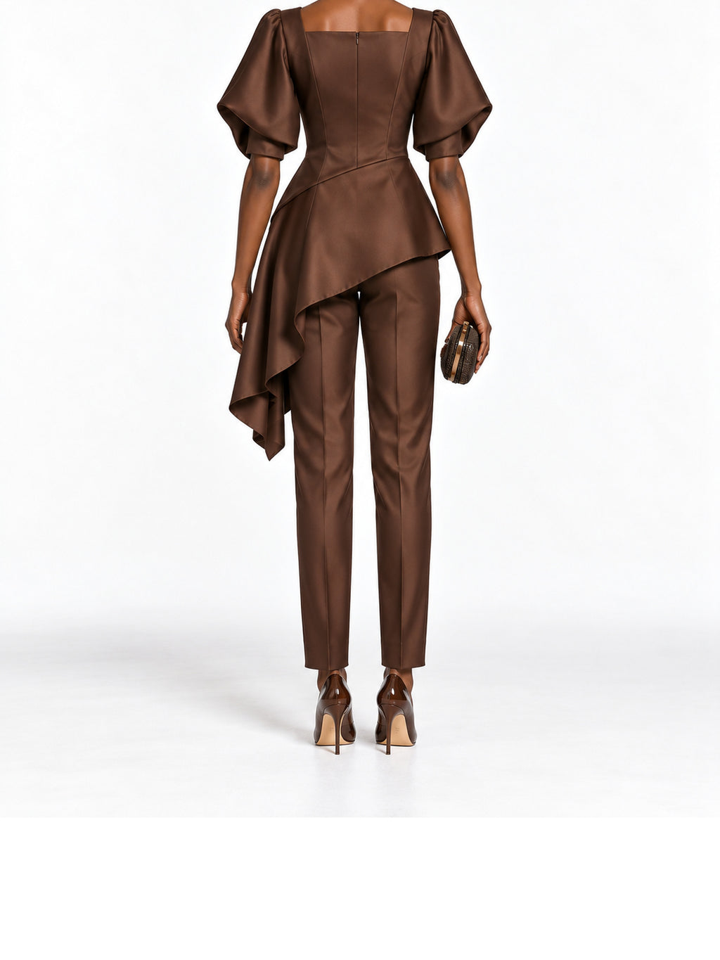DarkBrown Satin Asymmetric Peplum Top and Pants Set
