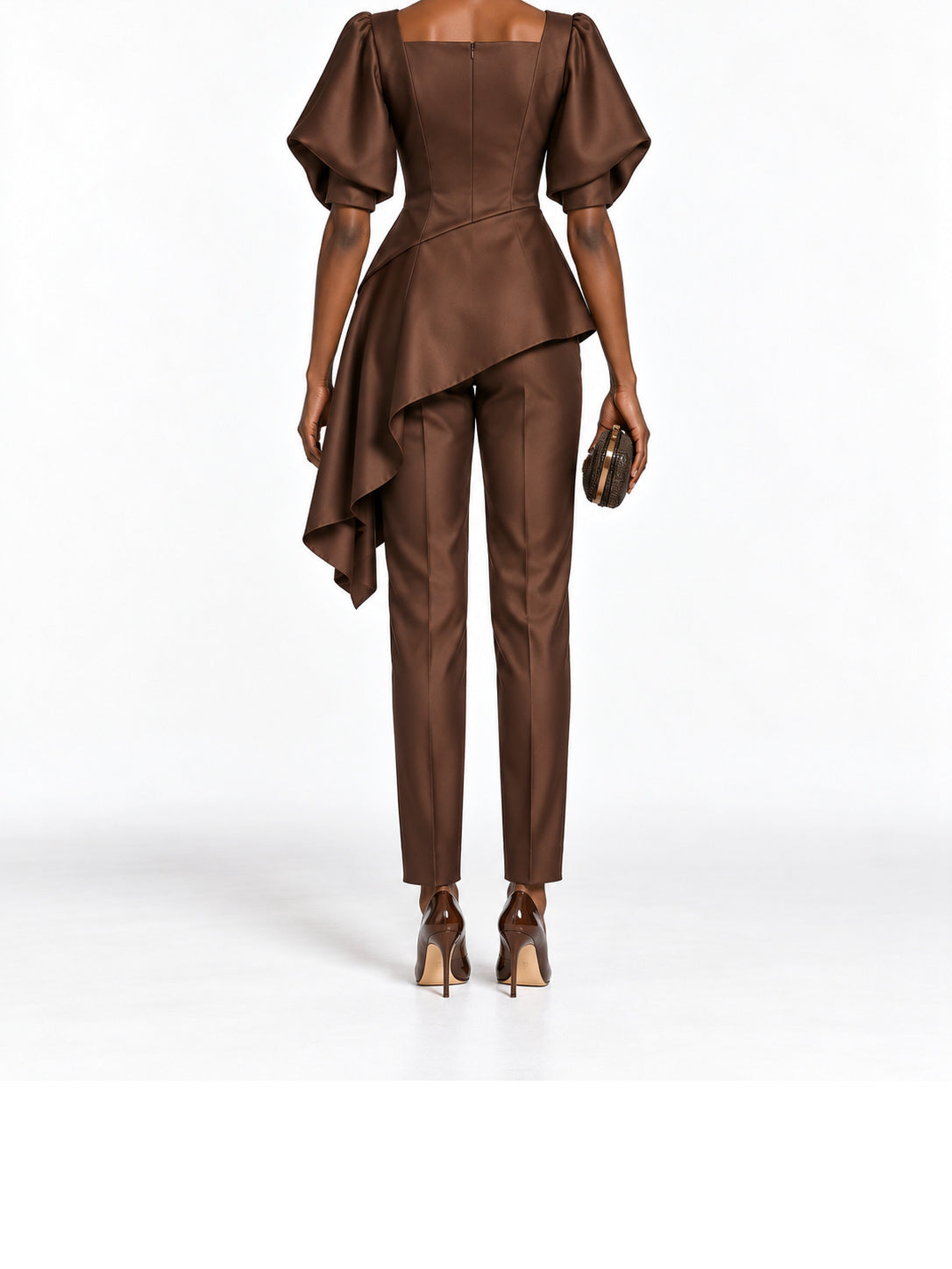 DarkBrown Satin Asymmetric Peplum Top and Pants Set