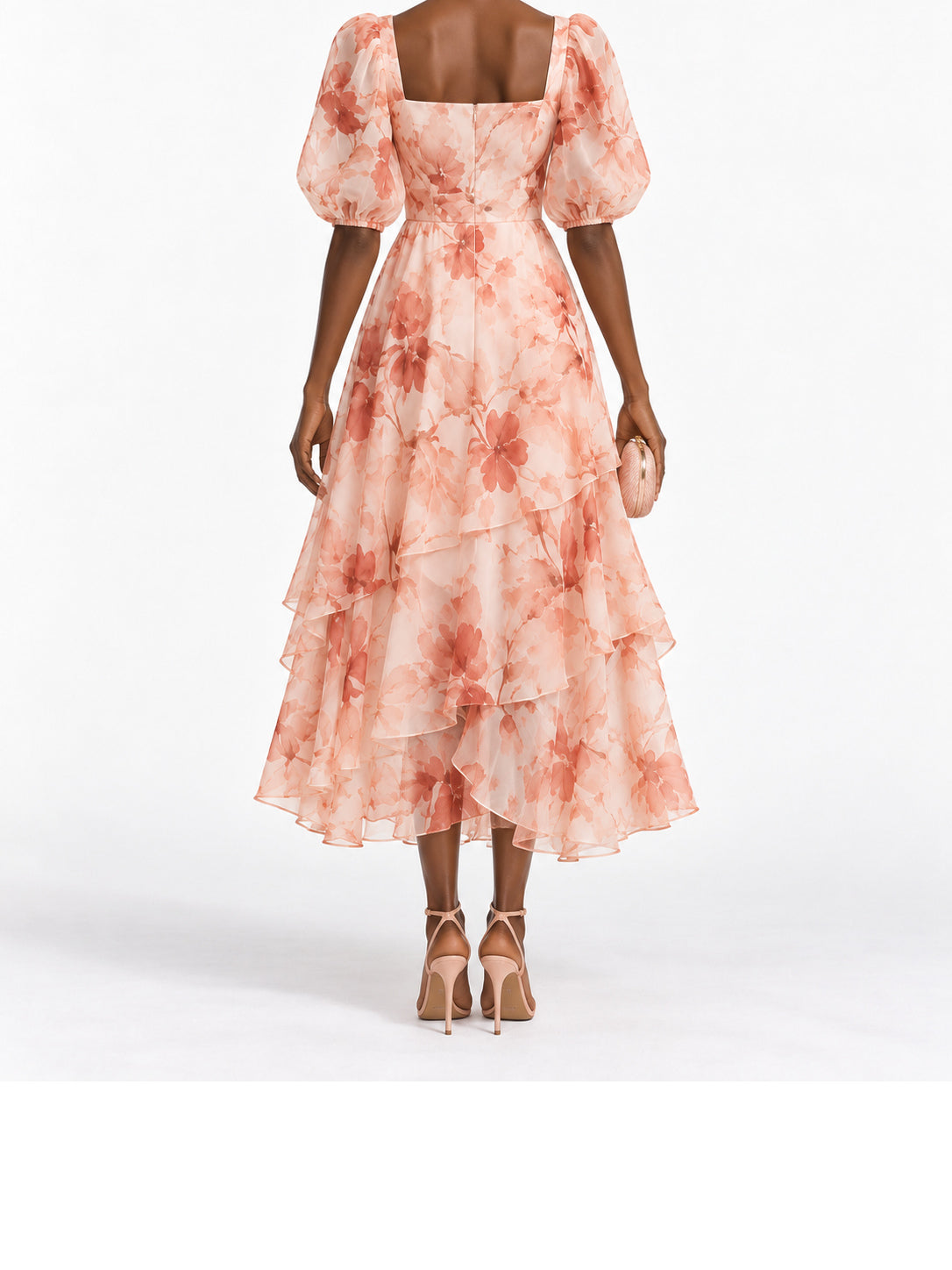 Peach Floral Print Puff Sleeve Tiered Midi Dress