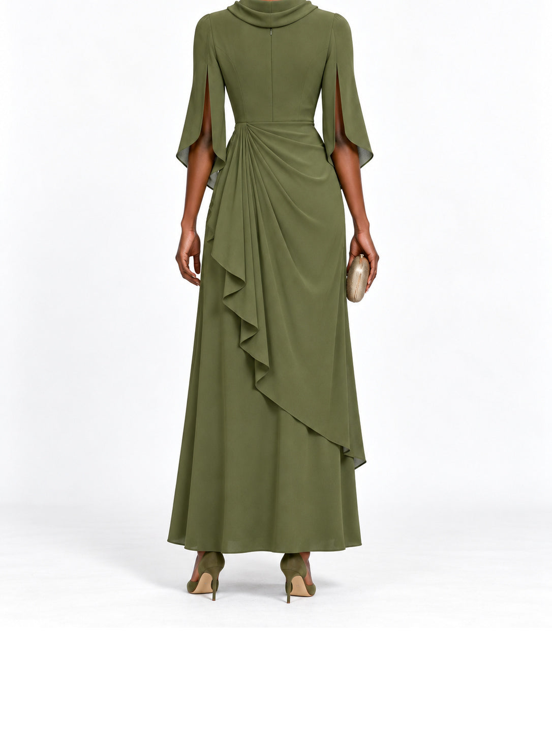 Olive Draped Cowl Neck Split Sleeve Maxi Dress