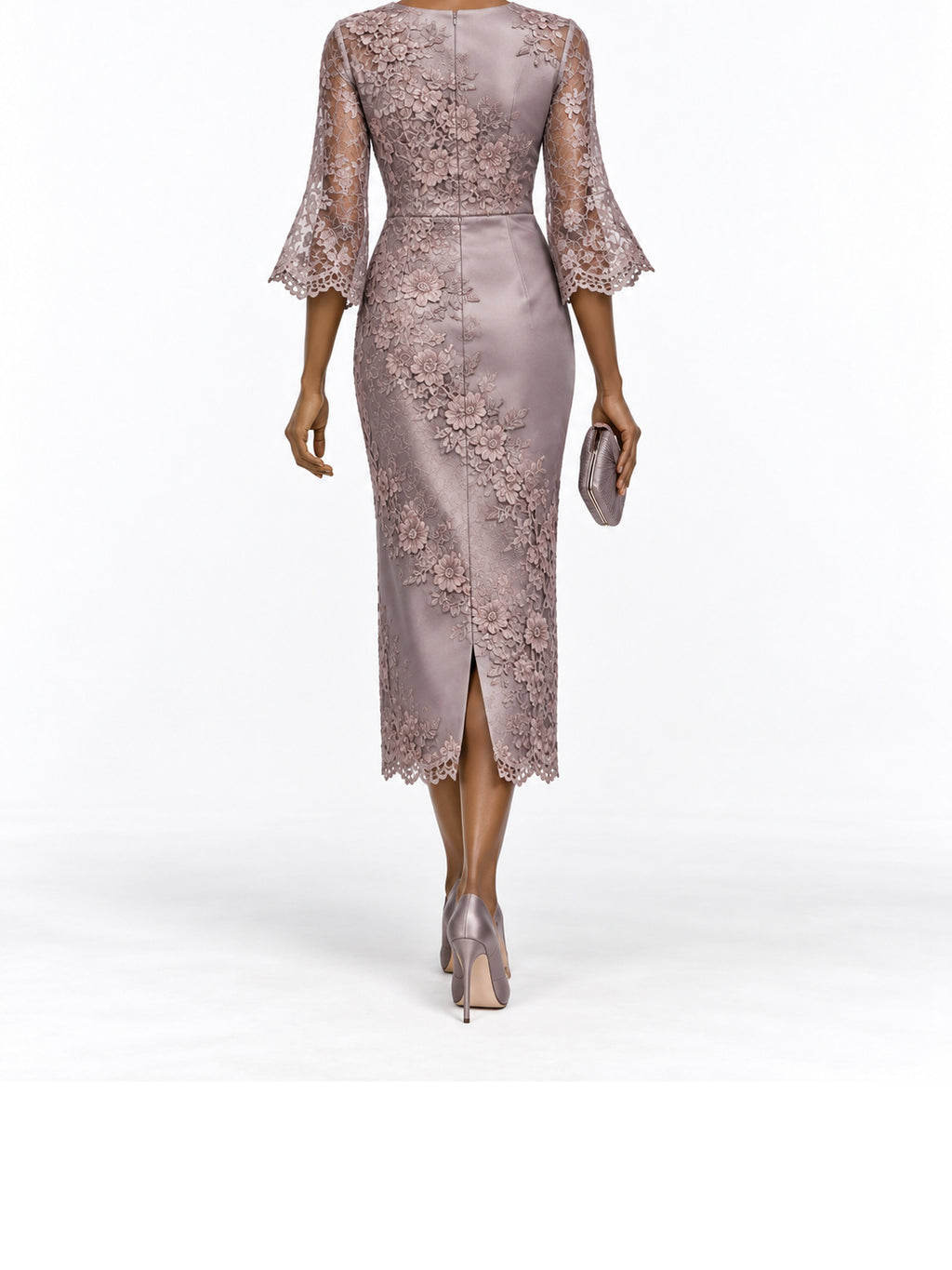 Mauve Lace Floral Applique Midi Dress