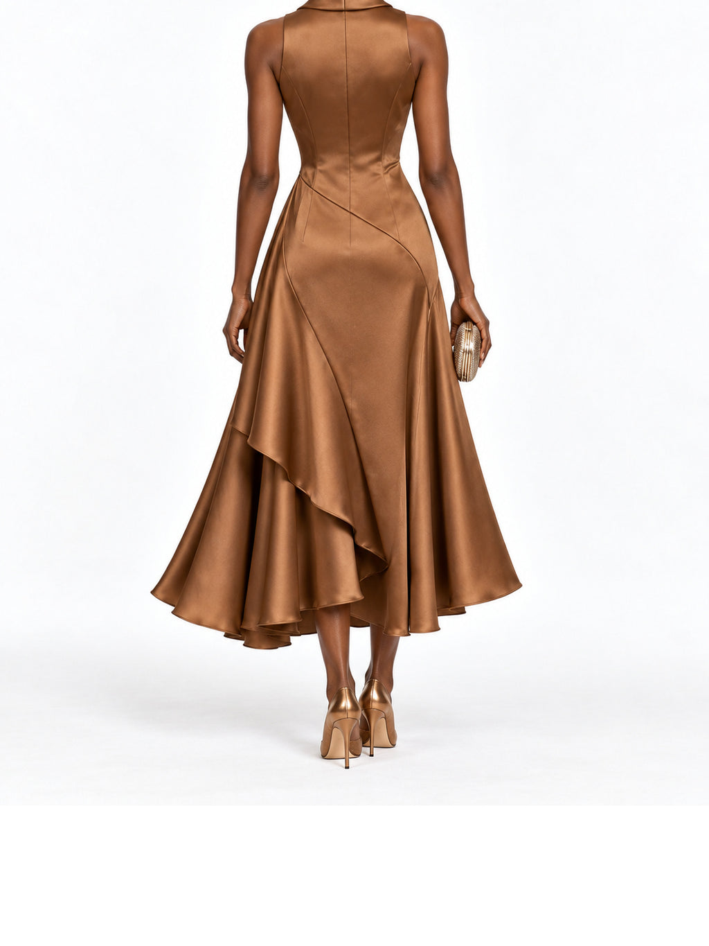 Camel Satin Shawl Collar Asymmetric Midi Dress