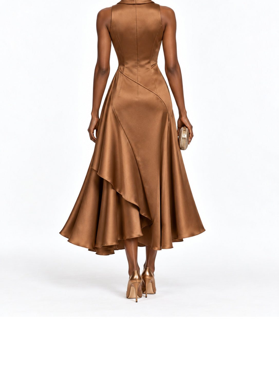 Camel Satin Shawl Collar Asymmetric Midi Dress