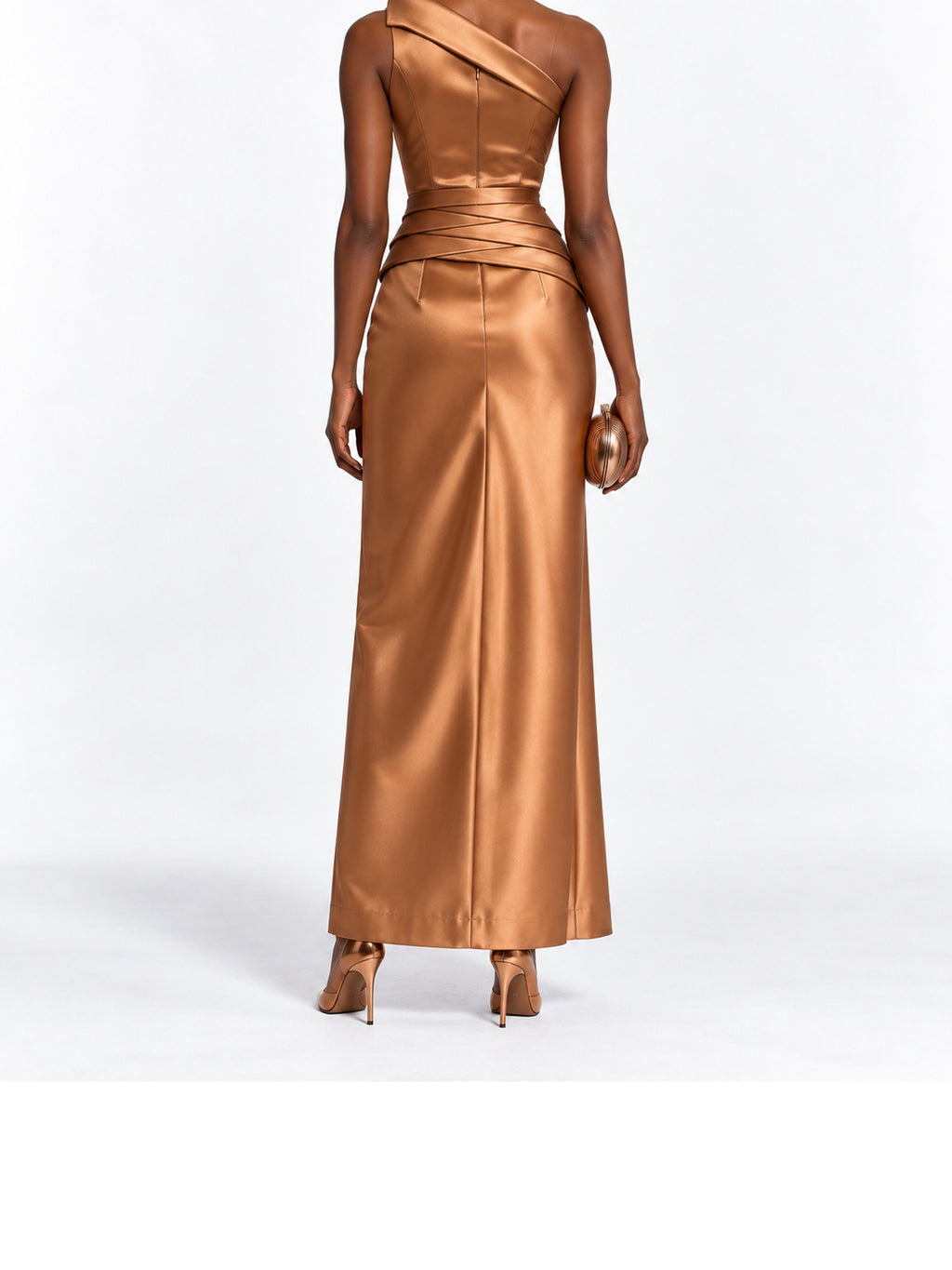 Bronze Satin One Shoulder Draped Maxi Dress