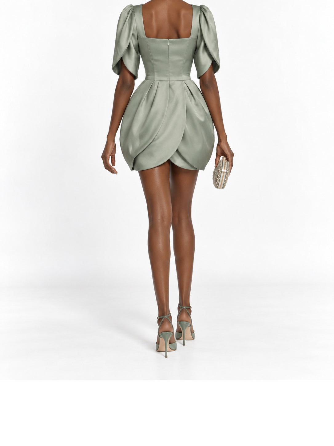SageGreen Satin Puff Sleeve Tulip Hem Mini Dress