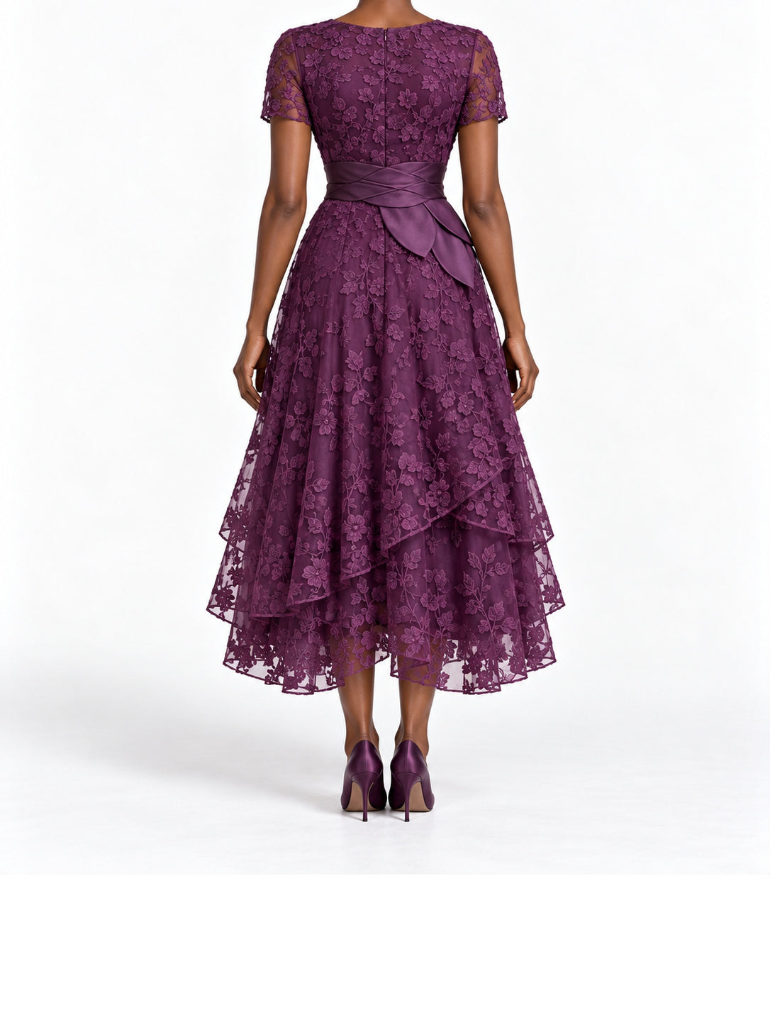 Purple Lace Short Sleeve Tiered Midi Dress