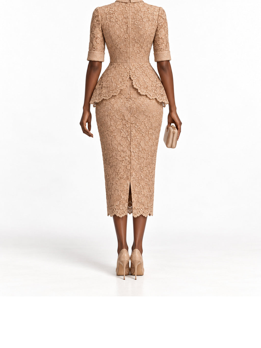 Beige Lace Peplum Midi Dress