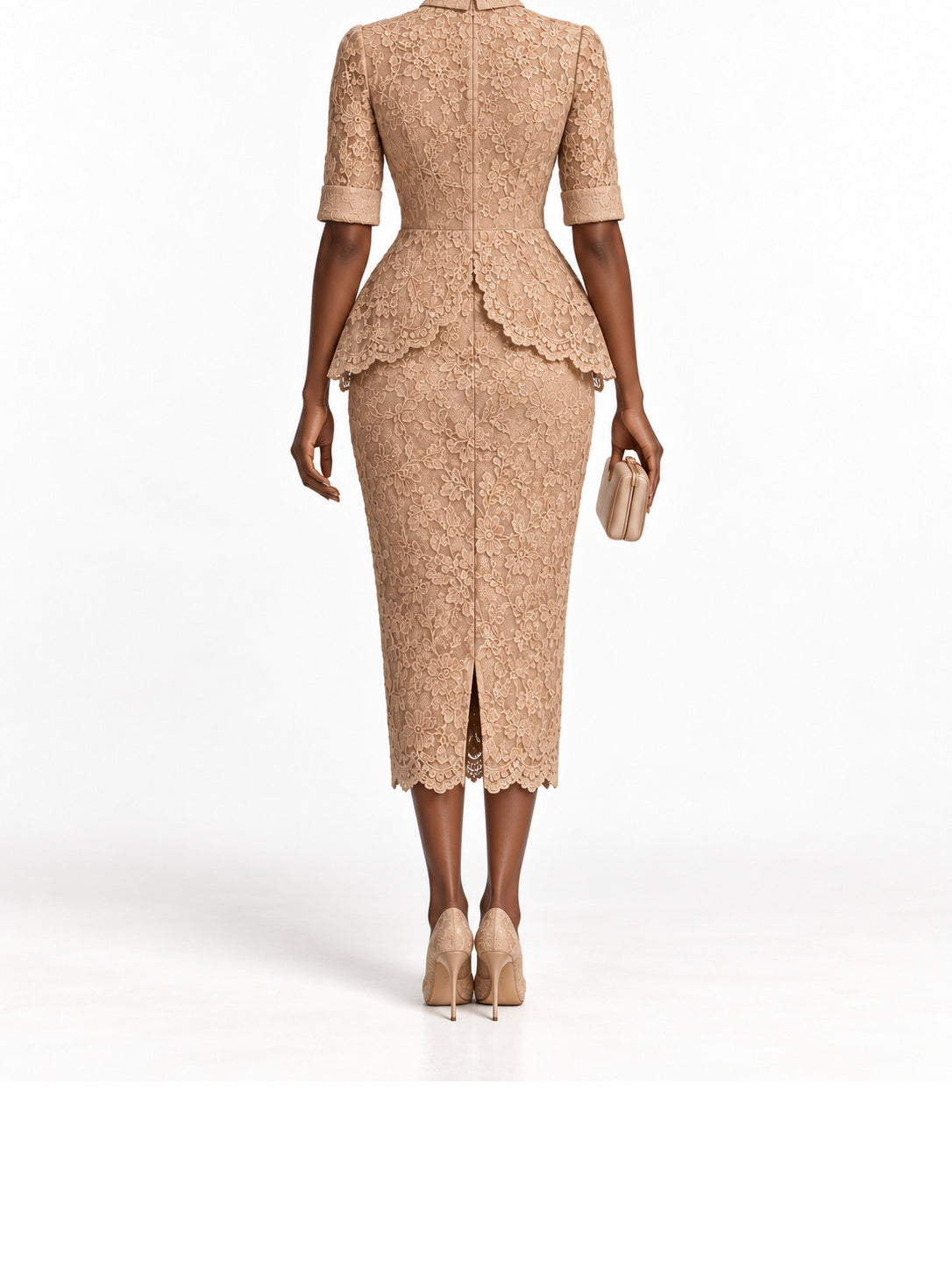 Beige Lace Peplum Midi Dress