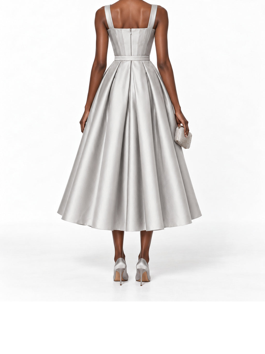 Silver Satin Square Neck Pleated Midi Dress