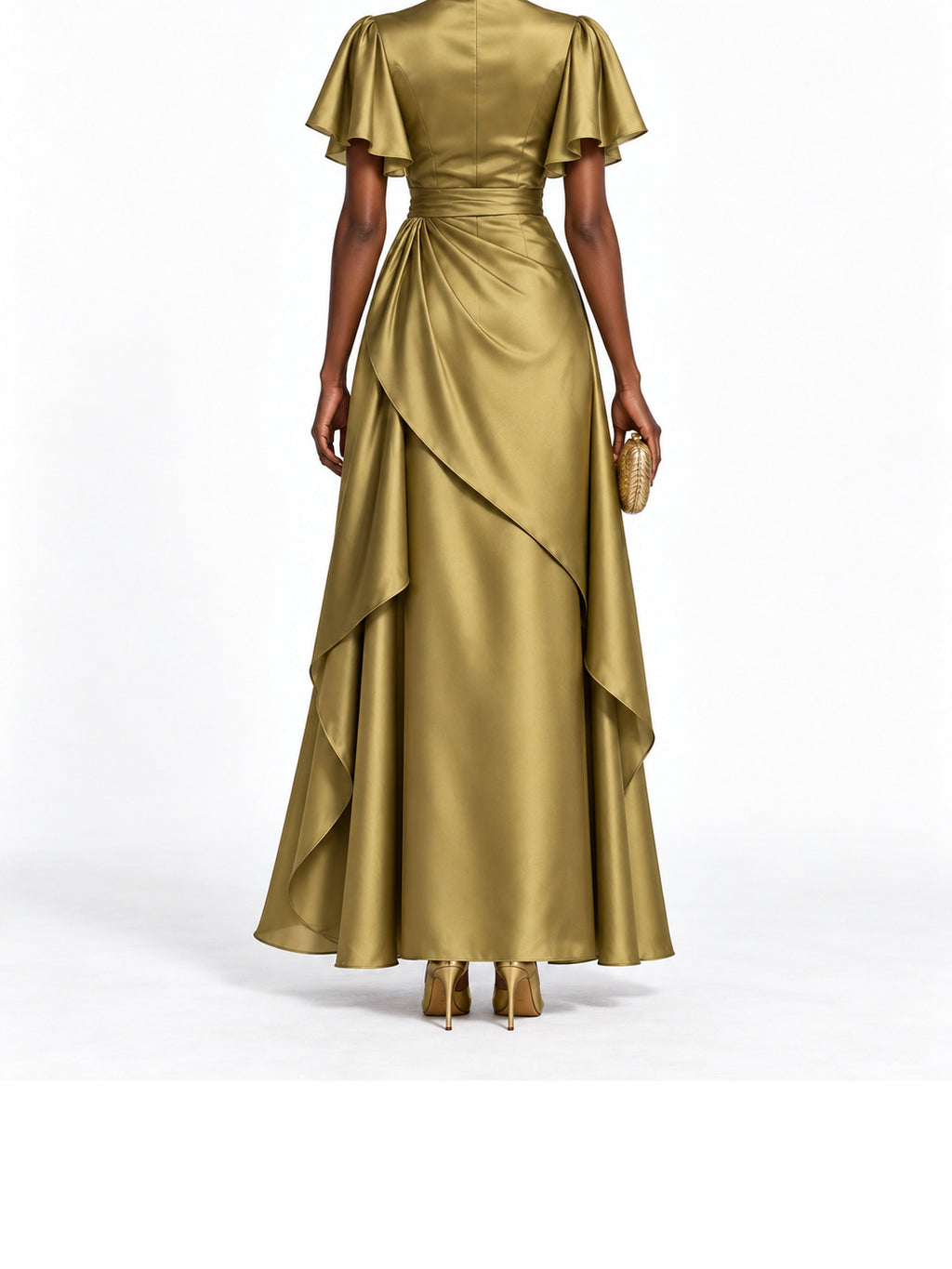 Gold Satin High Neck Ruffle Sleeve Maxi Dress
