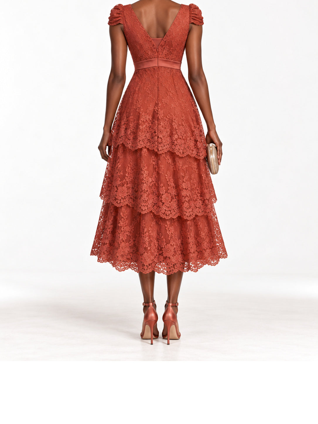 Rust Lace Cap Sleeve Tiered Midi Dress