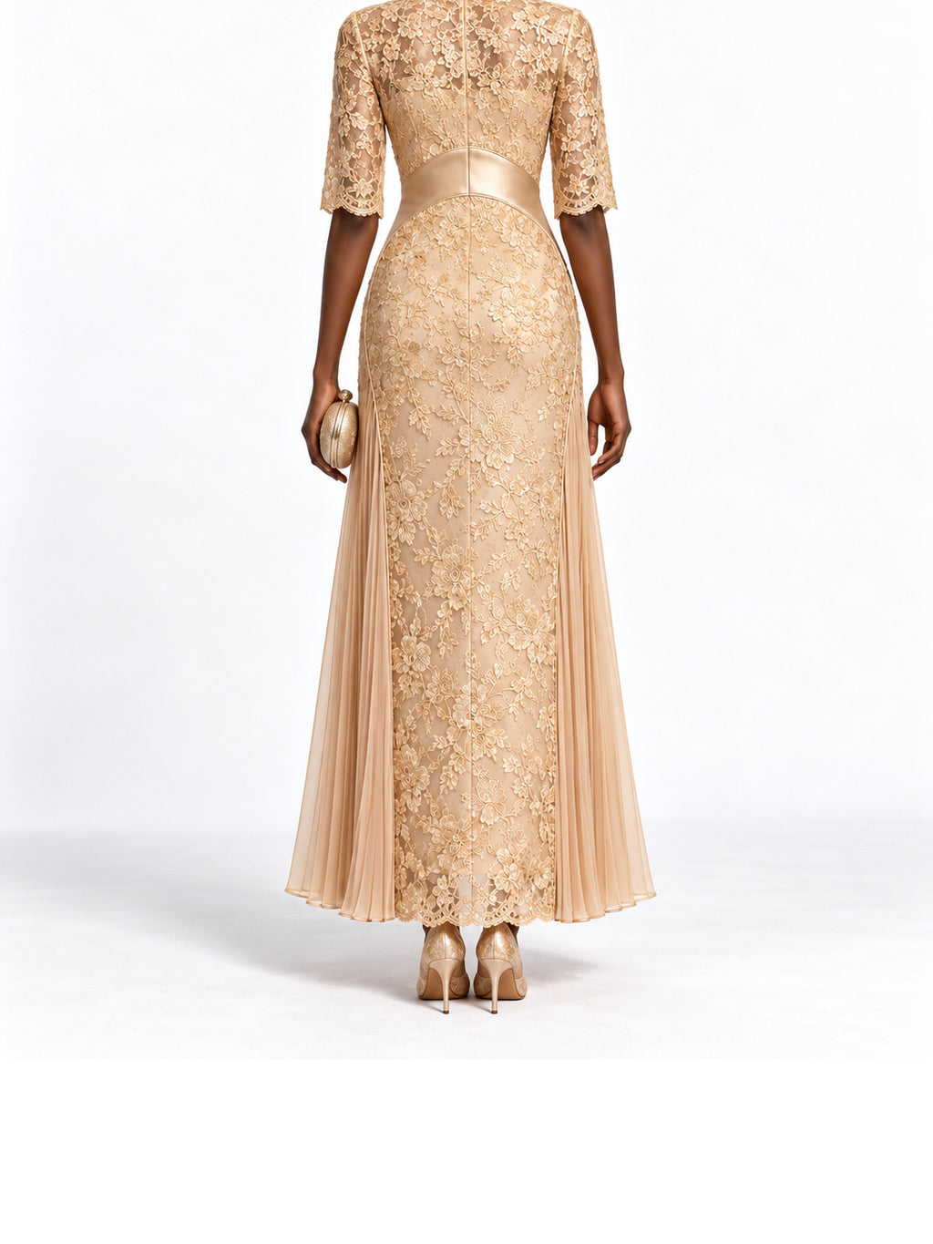 Champagne Lace Satin Trim Short Sleeve Maxi Dress