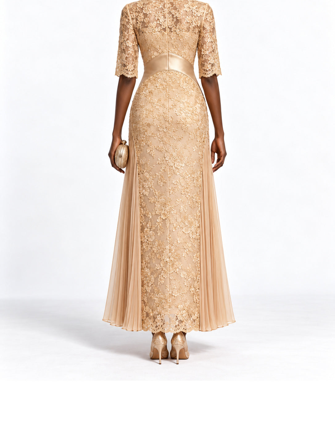 Champagne Lace Satin Trim Short Sleeve Maxi Dress