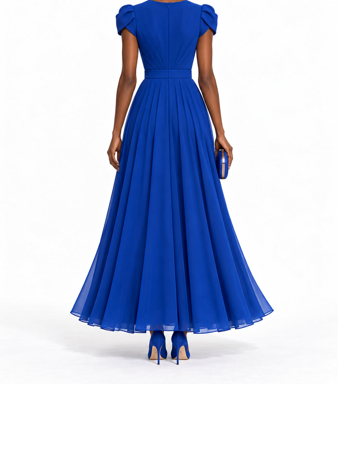 RoyalBlue Chiffon Pleated Cap Sleeve Maxi Dress