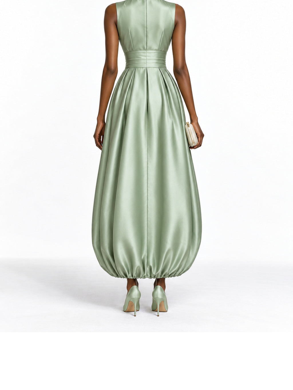SageGreen Satin Sleeveless Bubble Hem Maxi Dress