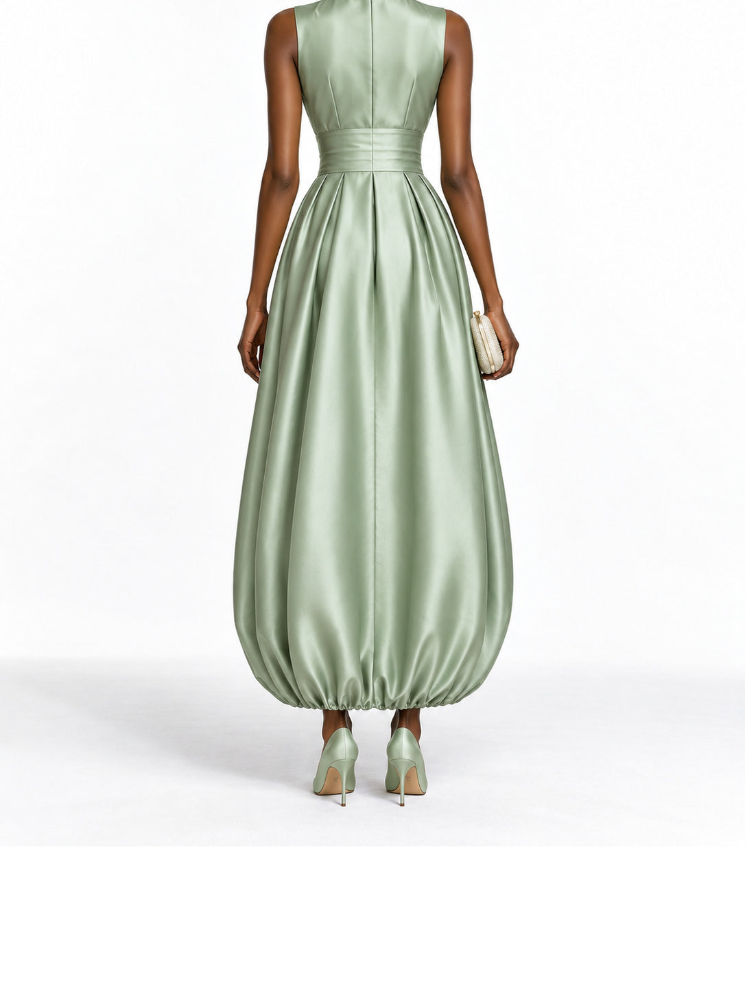SageGreen Satin Sleeveless Bubble Hem Maxi Dress