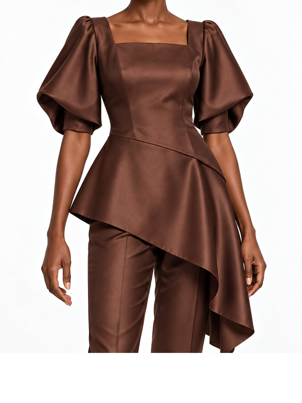 DarkBrown Satin Asymmetric Peplum Top and Pants Set