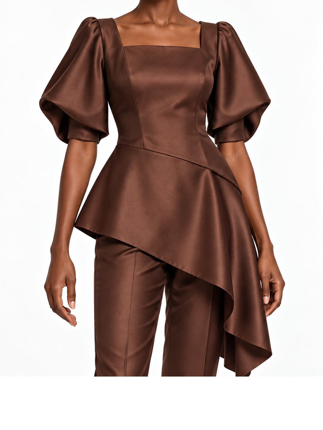 DarkBrown Satin Asymmetric Peplum Top and Pants Set
