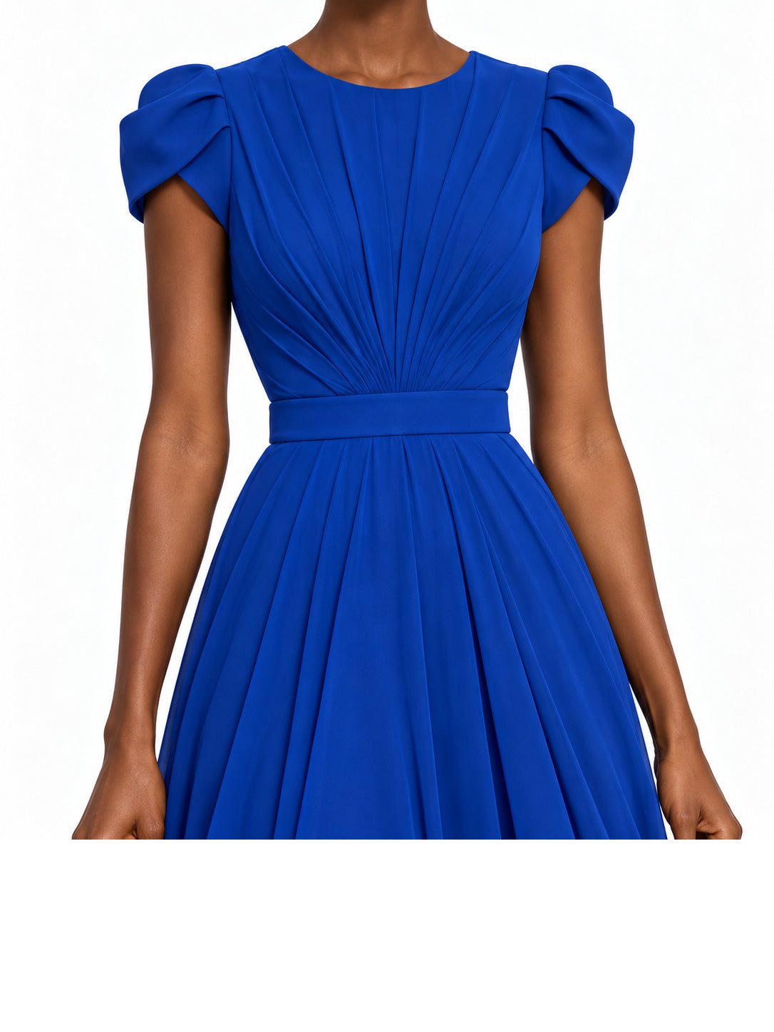 RoyalBlue Chiffon Pleated Cap Sleeve Maxi Dress