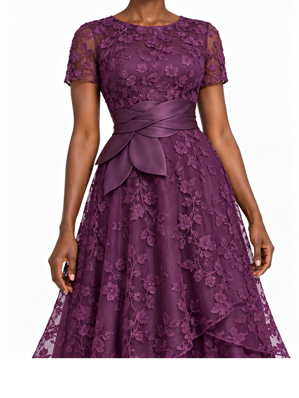 Purple Lace Short Sleeve Tiered Midi Dress