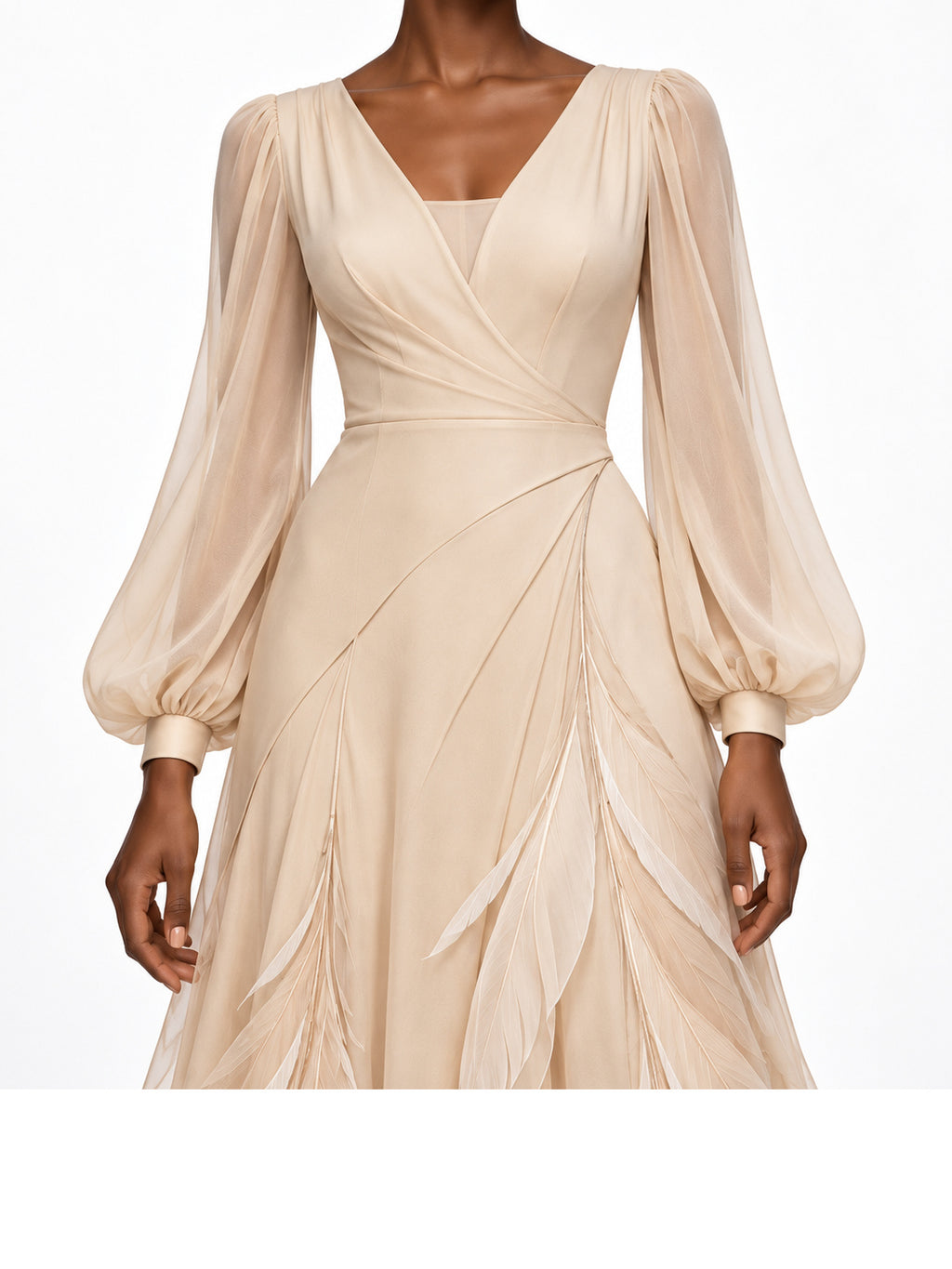 Champagne Chiffon Feather Applique Long Sleeve Maxi Dress