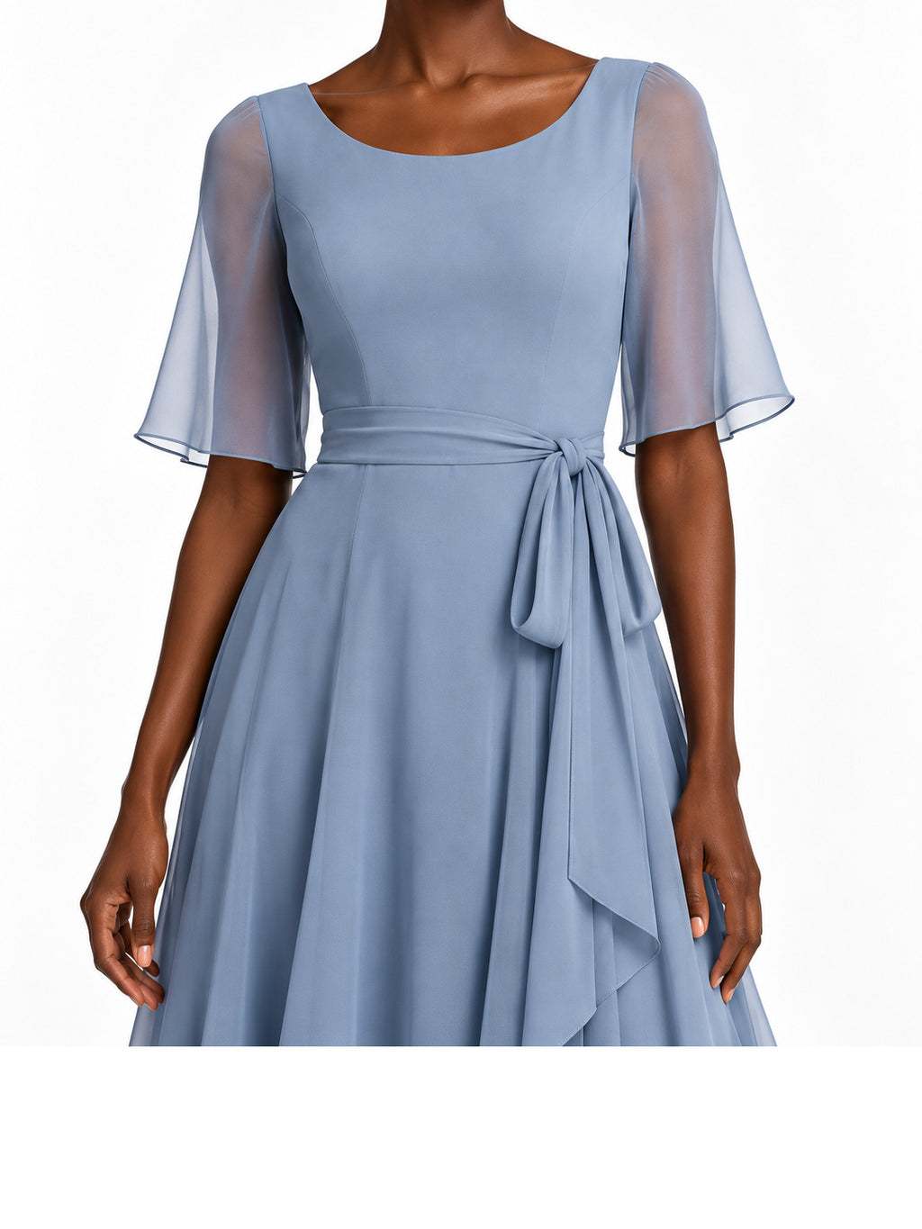 Blue Chiffon Flutter Sleeve Asymmetric Midi Dress