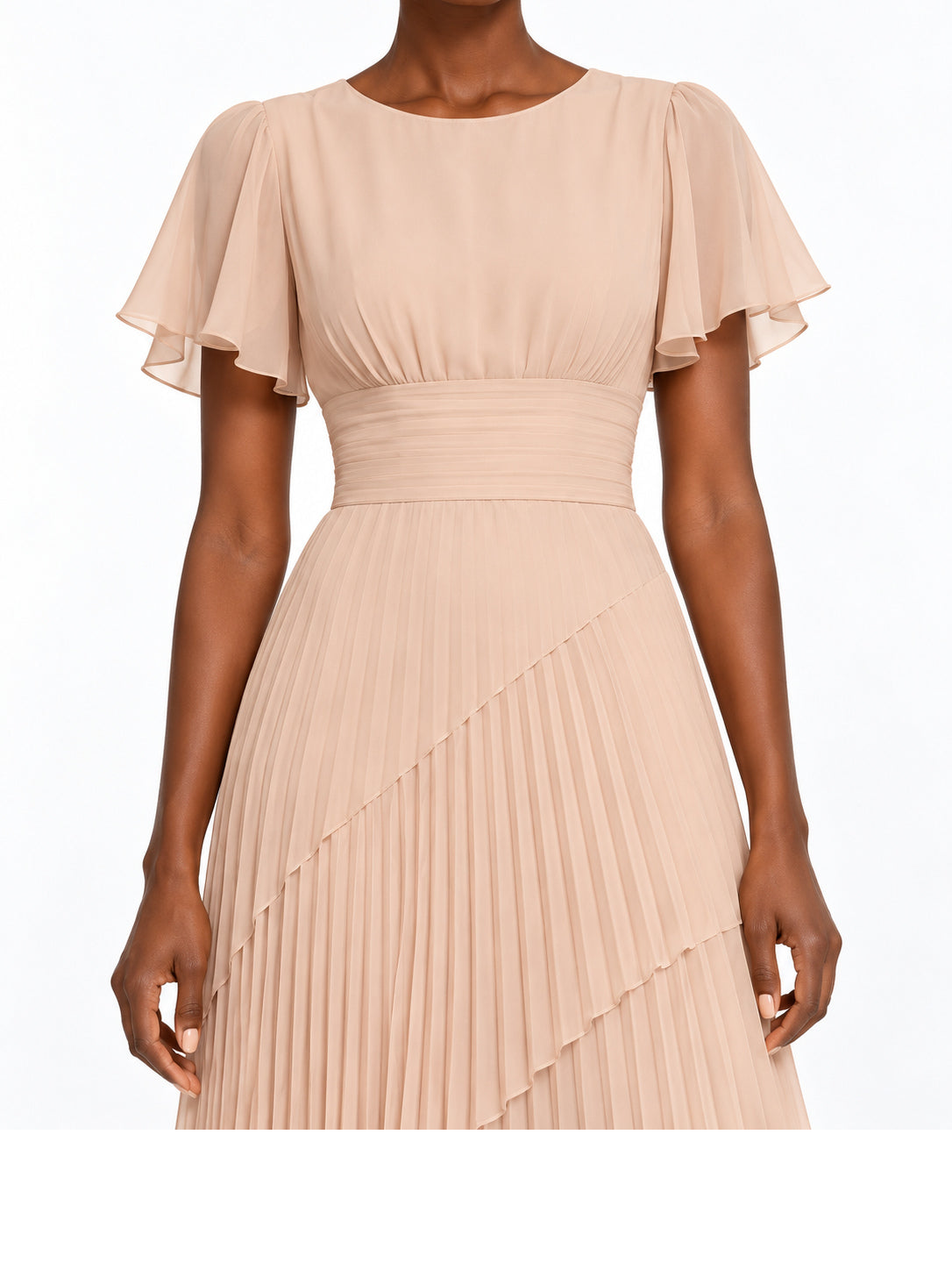 Beige Pleated Chiffon Flutter Sleeve Maxi Dress