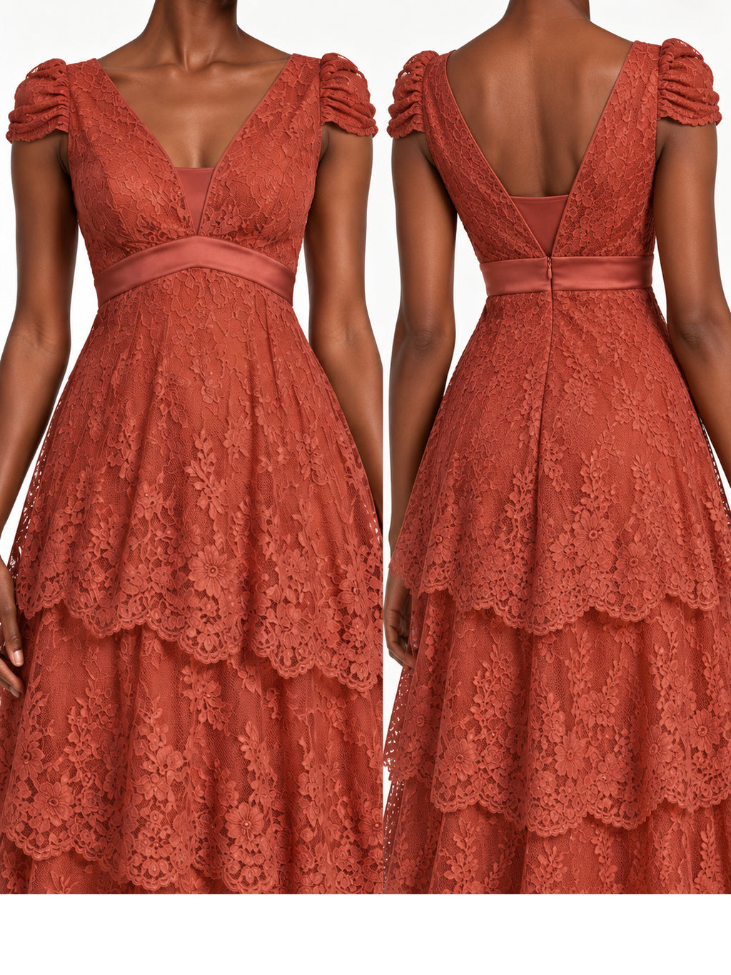 Rust Lace Cap Sleeve Tiered Midi Dress