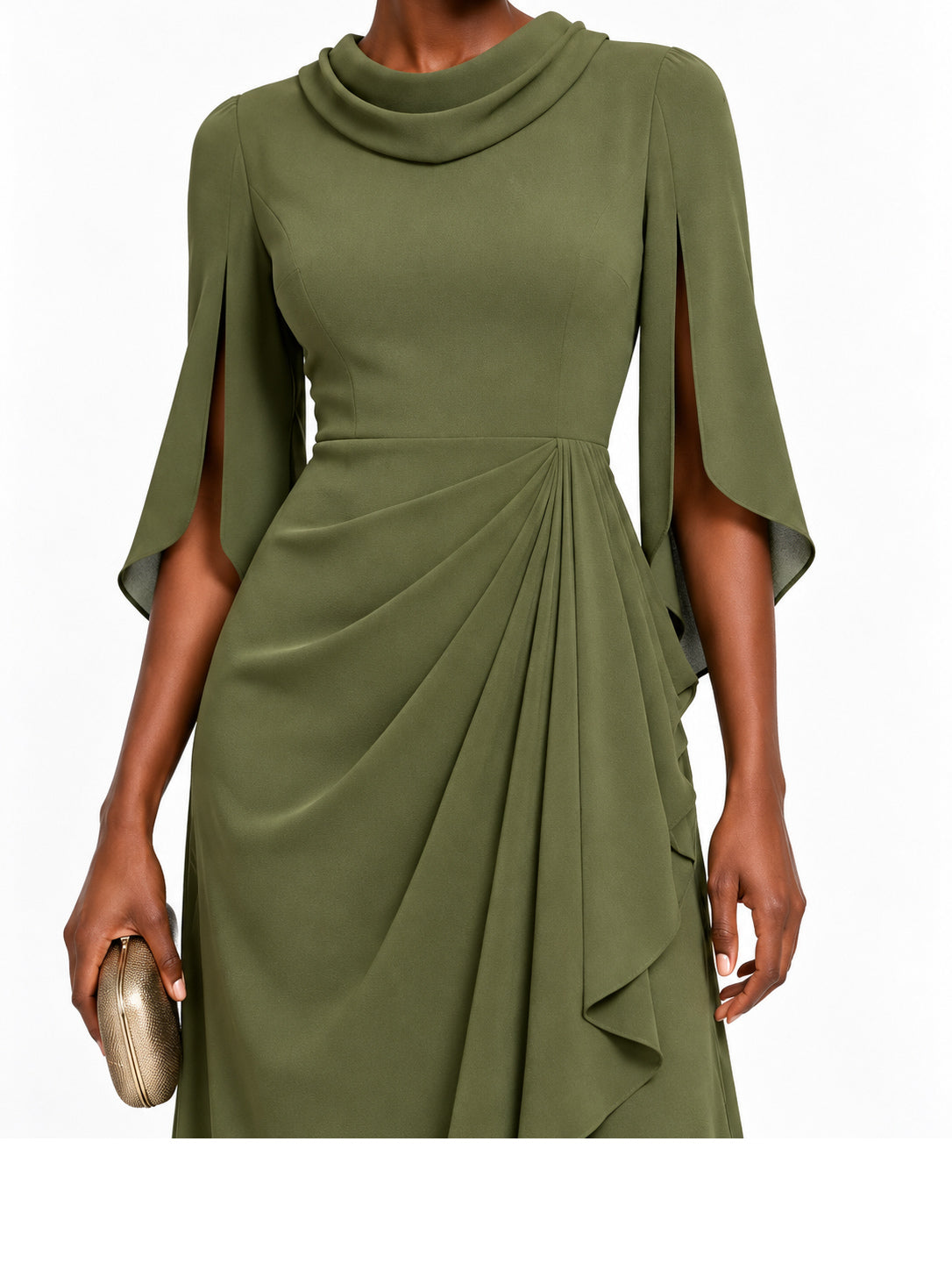 Olive Draped Cowl Neck Split Sleeve Maxi Dress