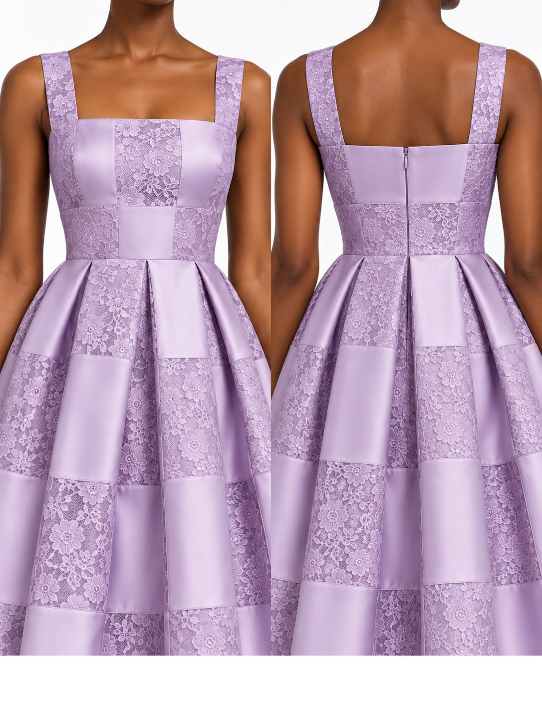 Lilac Satin Lace Patchwork Sleeveless Midi Dress