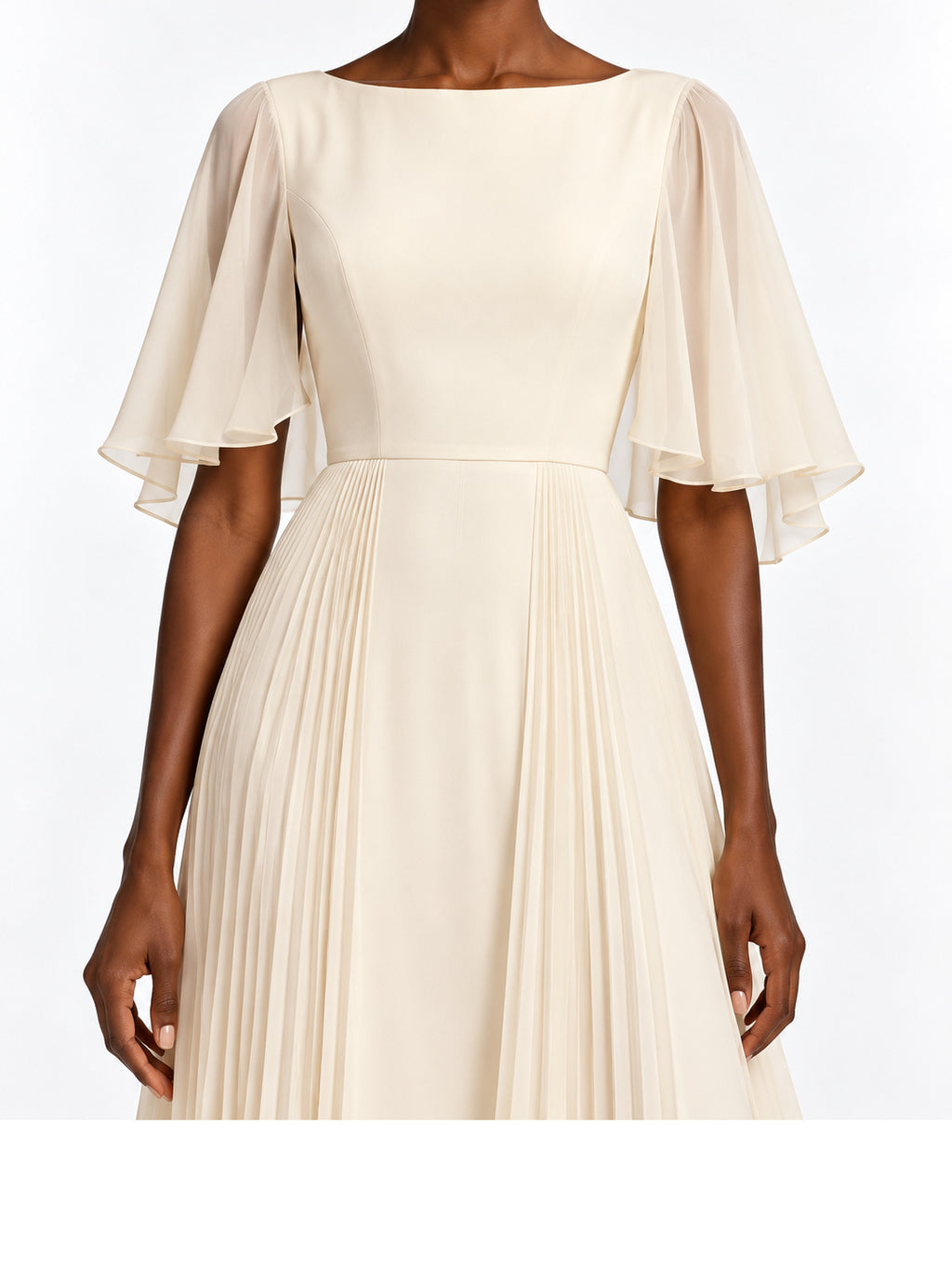 Cream Pleated Chiffon Flutter Sleeve Maxi Dress