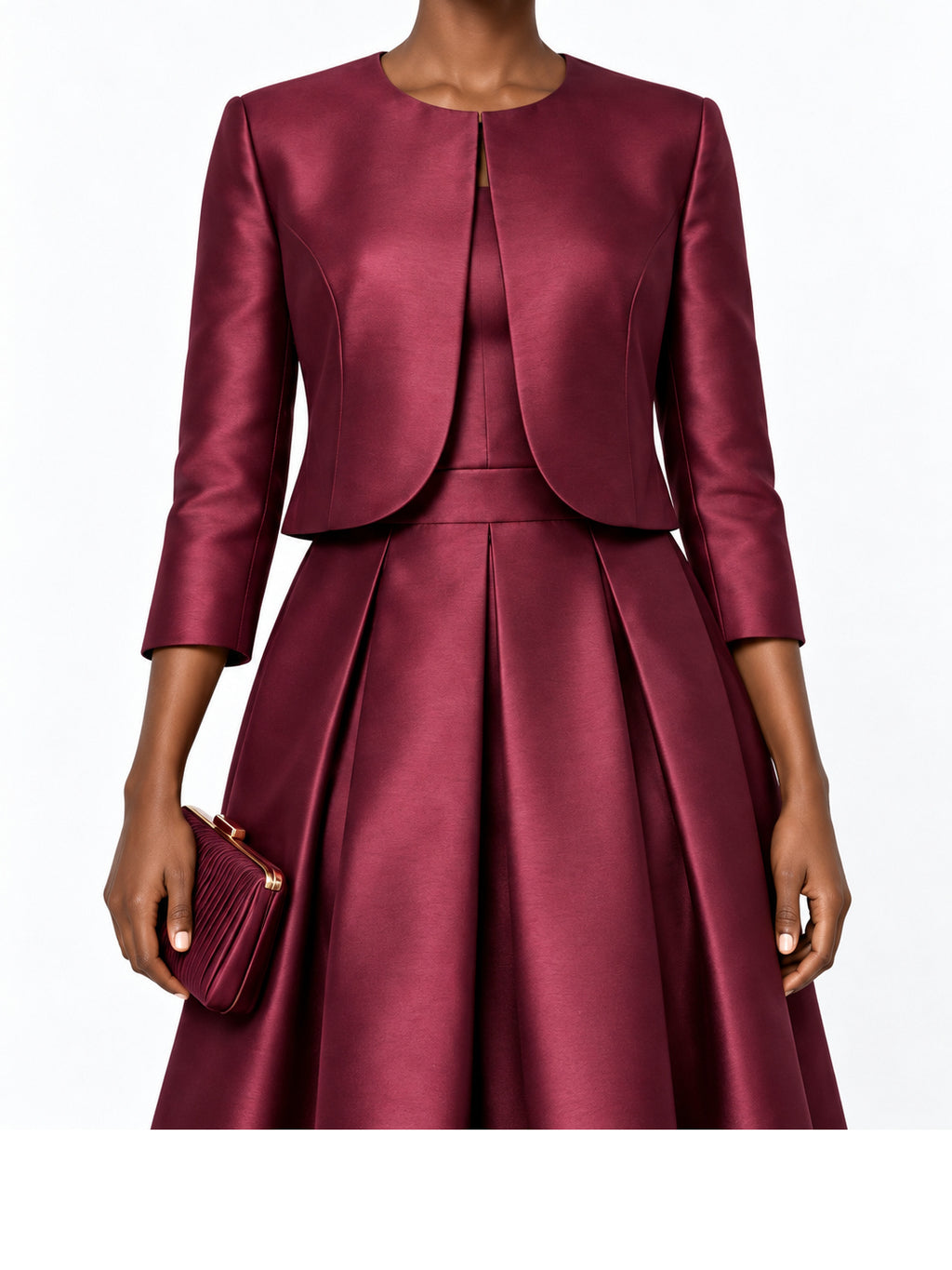 Burgundy Satin Cropped Jacket and Midi Skirt Set