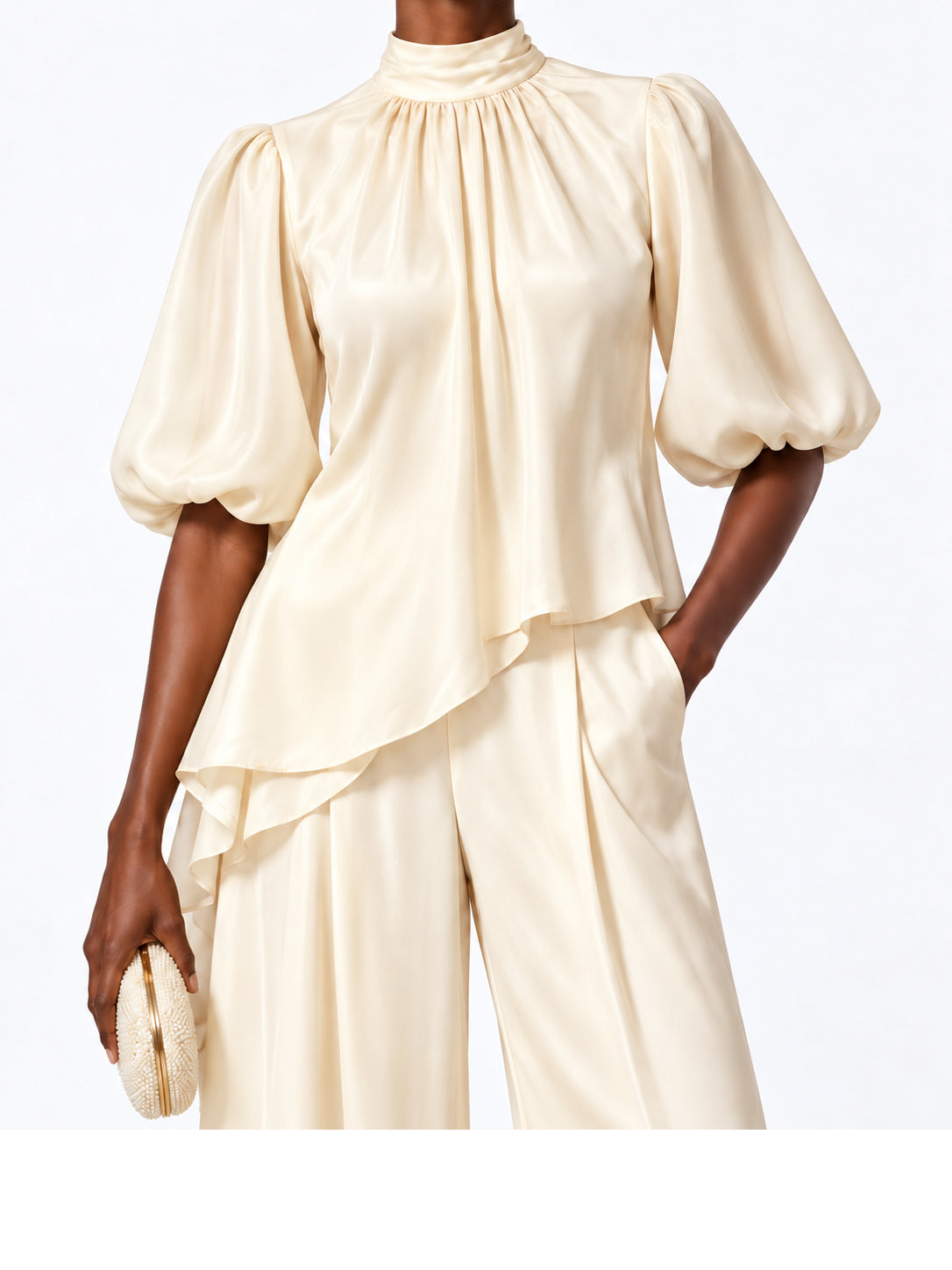 Cream Satin Asymmetric Ruffle Two Piece Pant Set