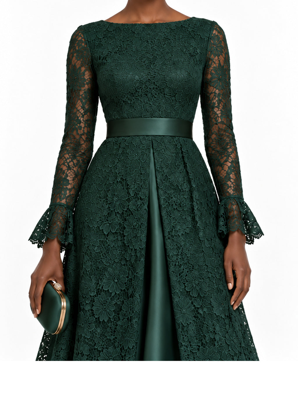 DarkGreen Lace Long Sleeve Maxi Dress