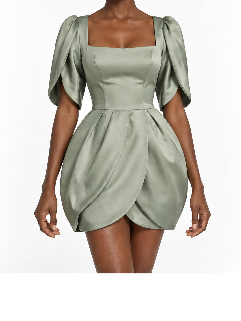 SageGreen Satin Puff Sleeve Tulip Hem Mini Dress