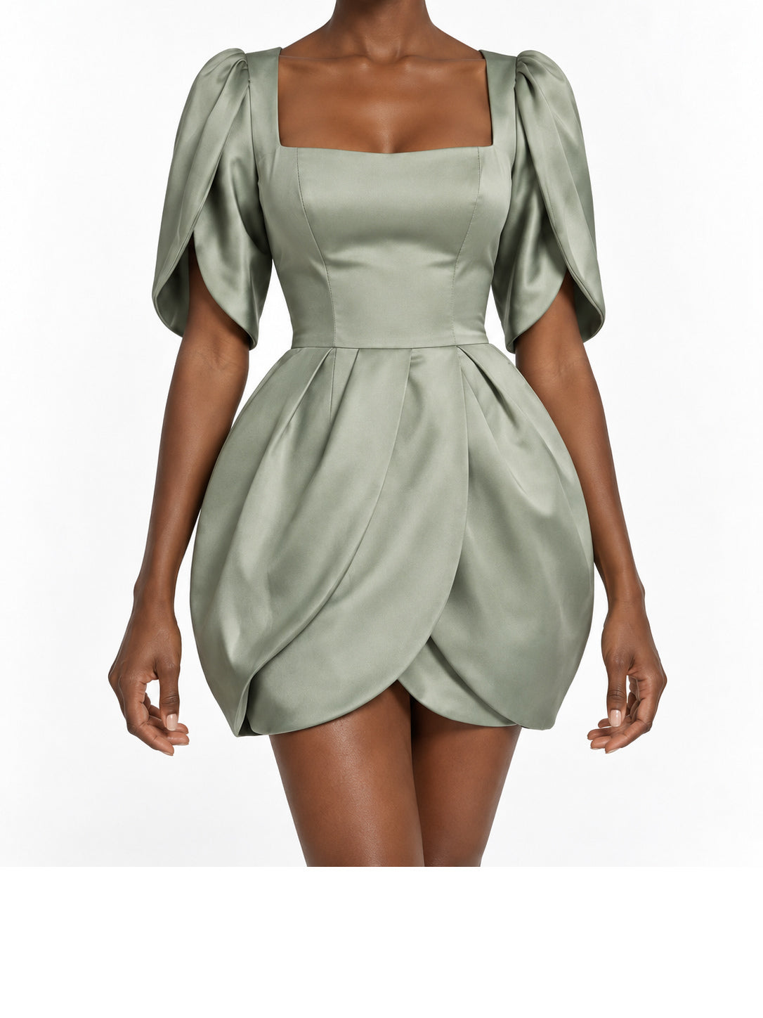 SageGreen Satin Puff Sleeve Tulip Hem Mini Dress