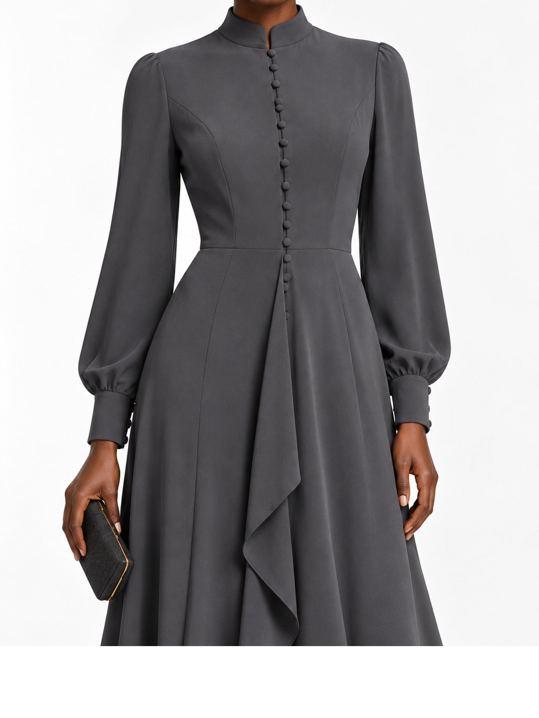 Charcoal Ruffle Front Button Detail Maxi Dress