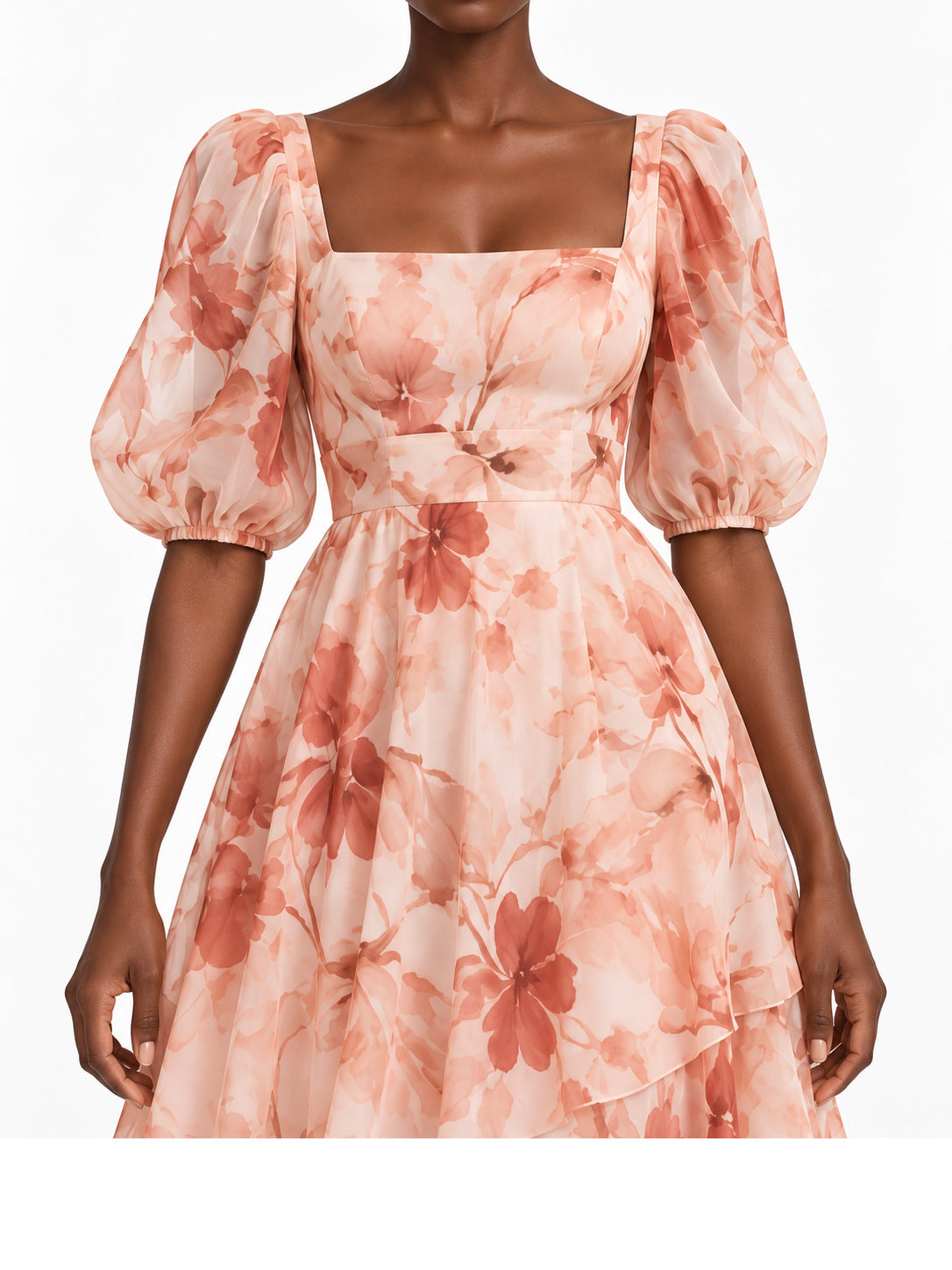 Peach Floral Print Puff Sleeve Tiered Midi Dress