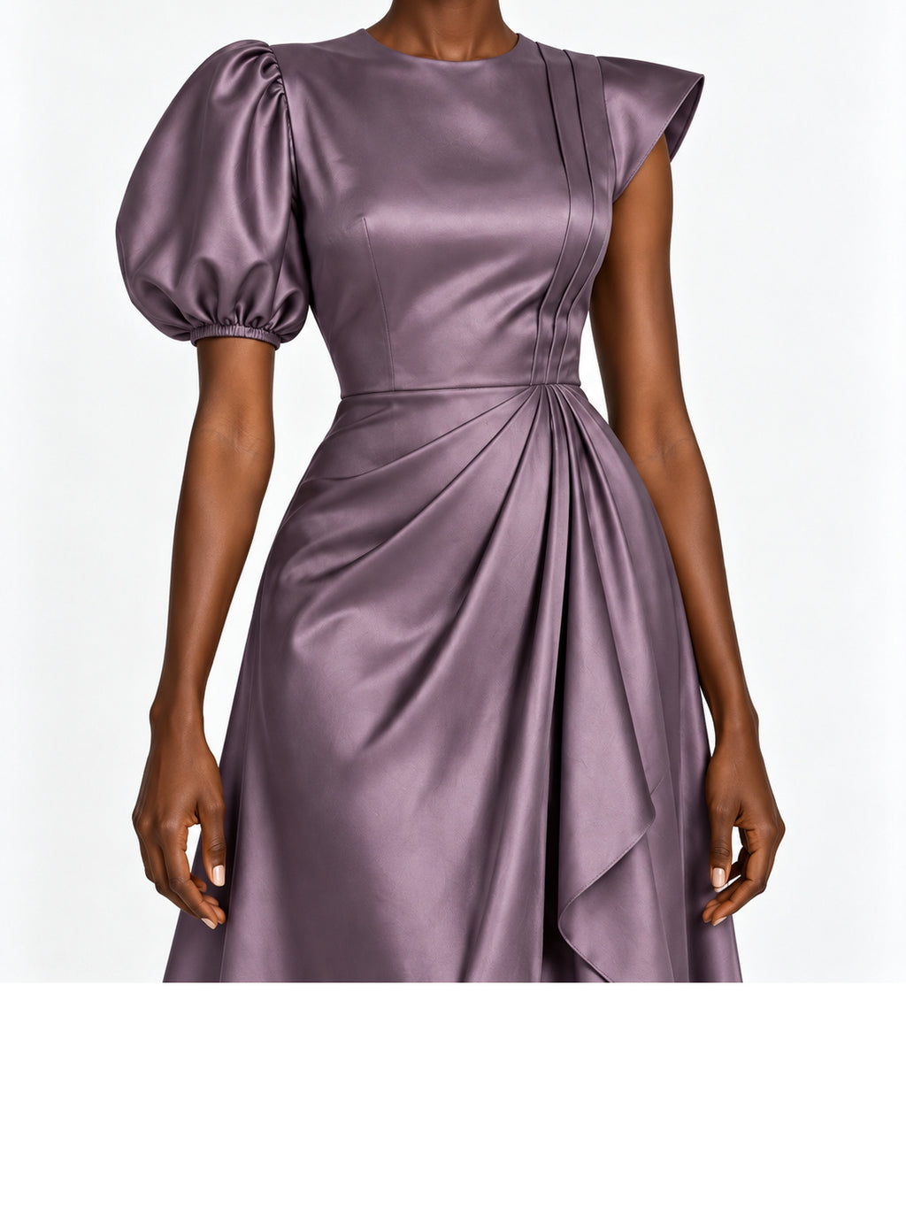 Mauve Satin Puff Sleeve Midi Dress