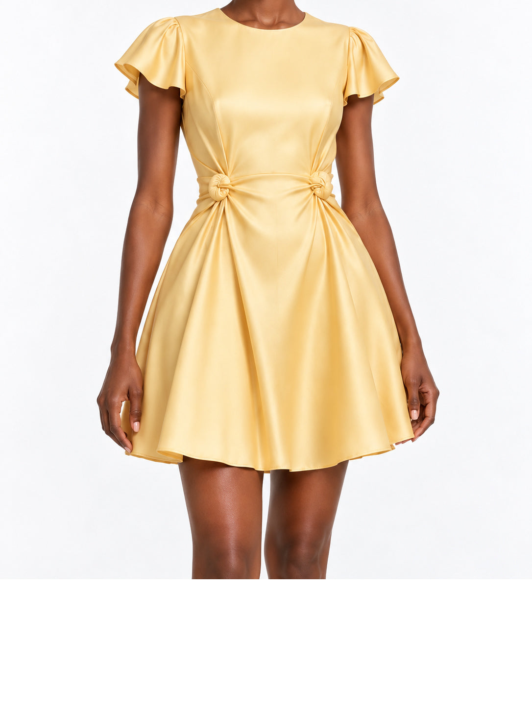 Yellow Satin Ruffle Sleeve Fit and Flare Mini Dress