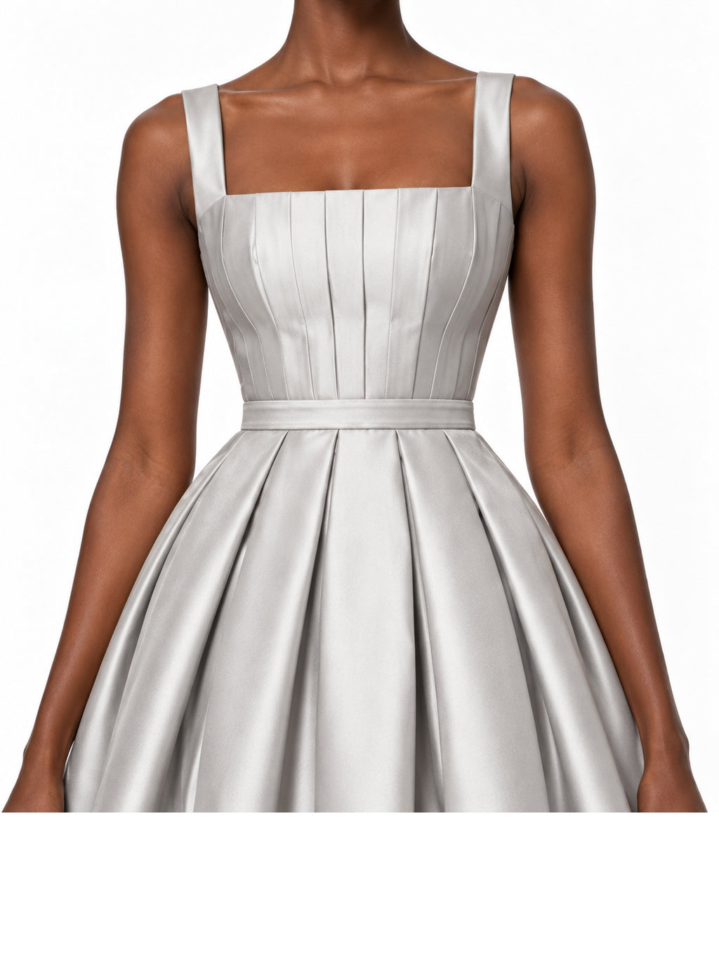 Silver Satin Square Neck Pleated Midi Dress