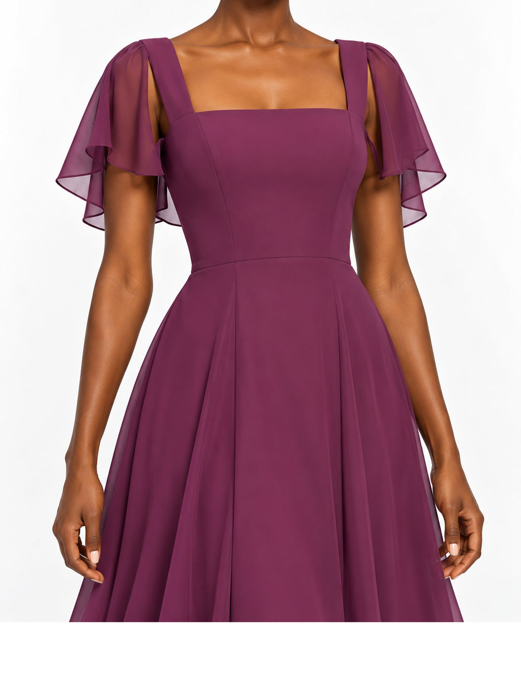 Plum Chiffon Flutter Sleeve Midi Dress