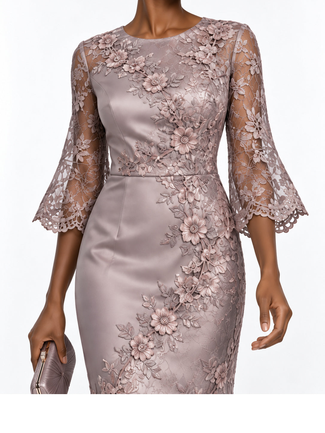 Mauve Lace Floral Applique Midi Dress
