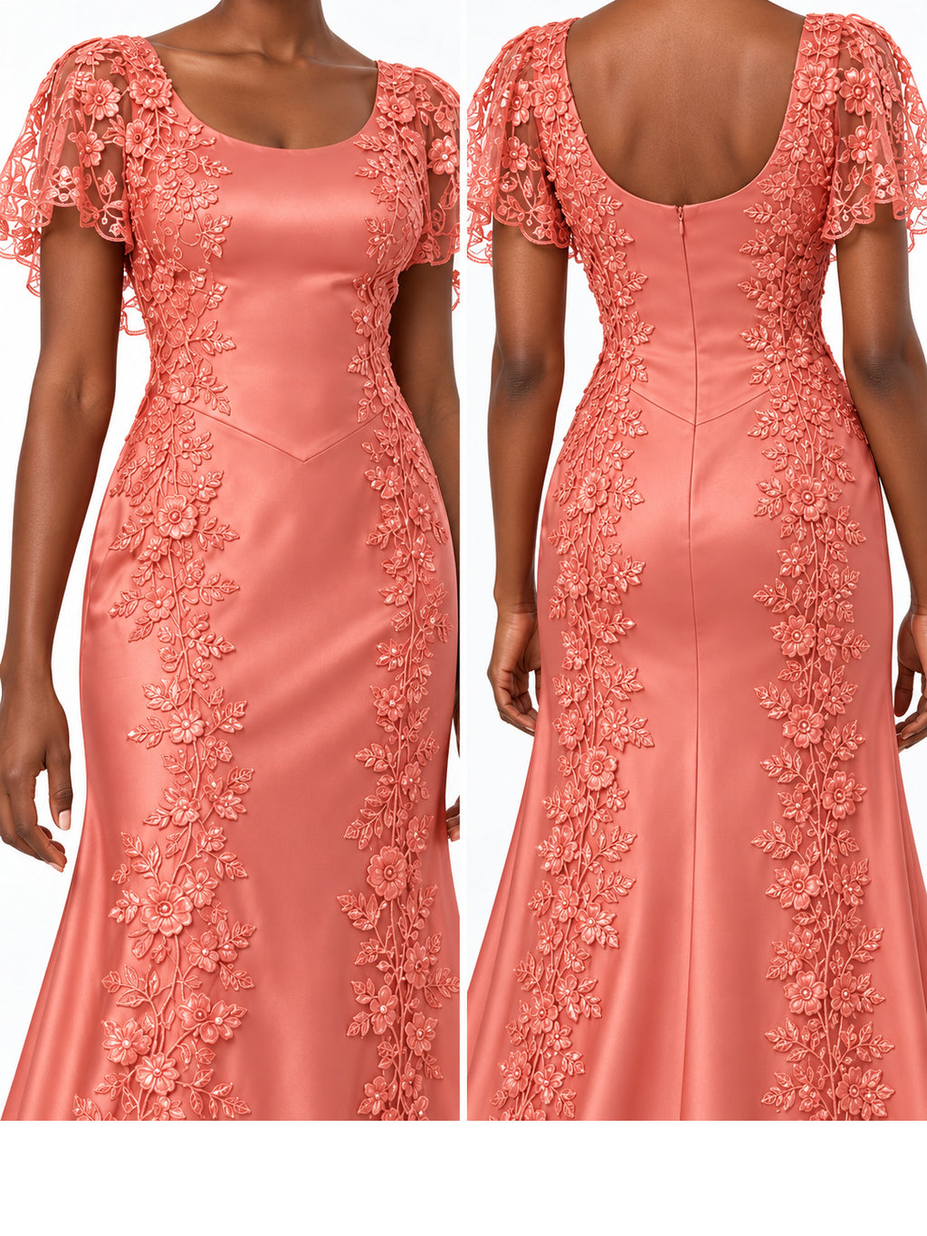 Coral Satin Lace Applique Flutter Sleeve Maxi Dress